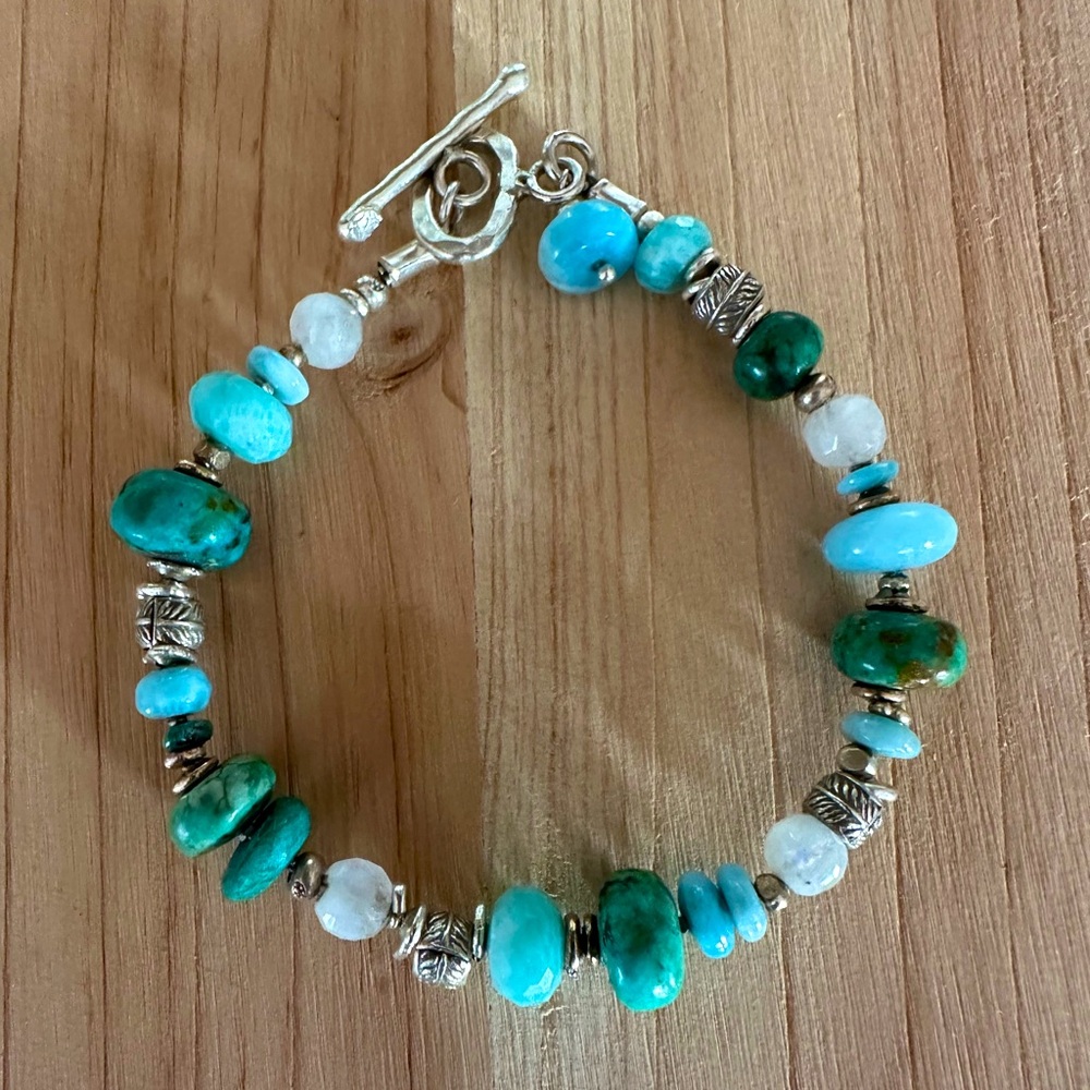 Sterling Genuine larimar + Turquoise+ Moonstone Bracelet